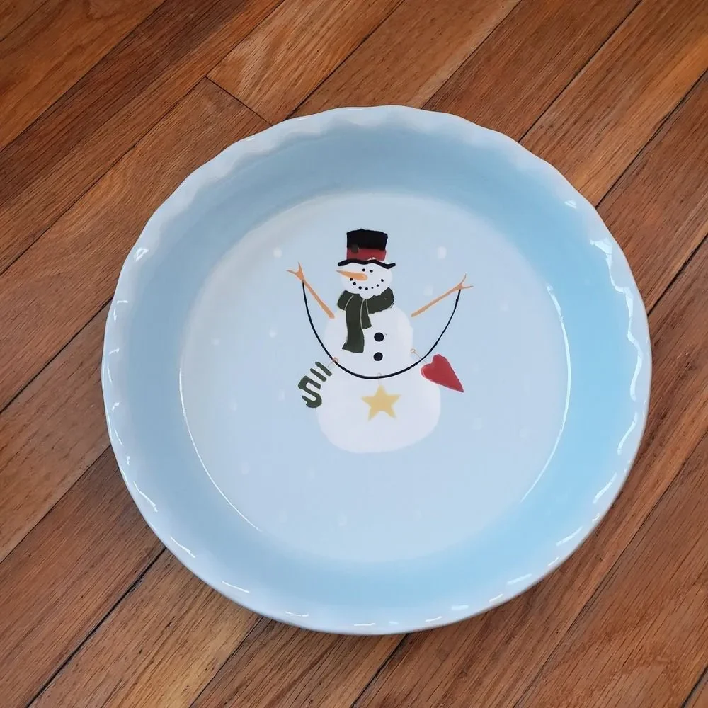 Nantucket Snowman pie plate tray ceramic 10